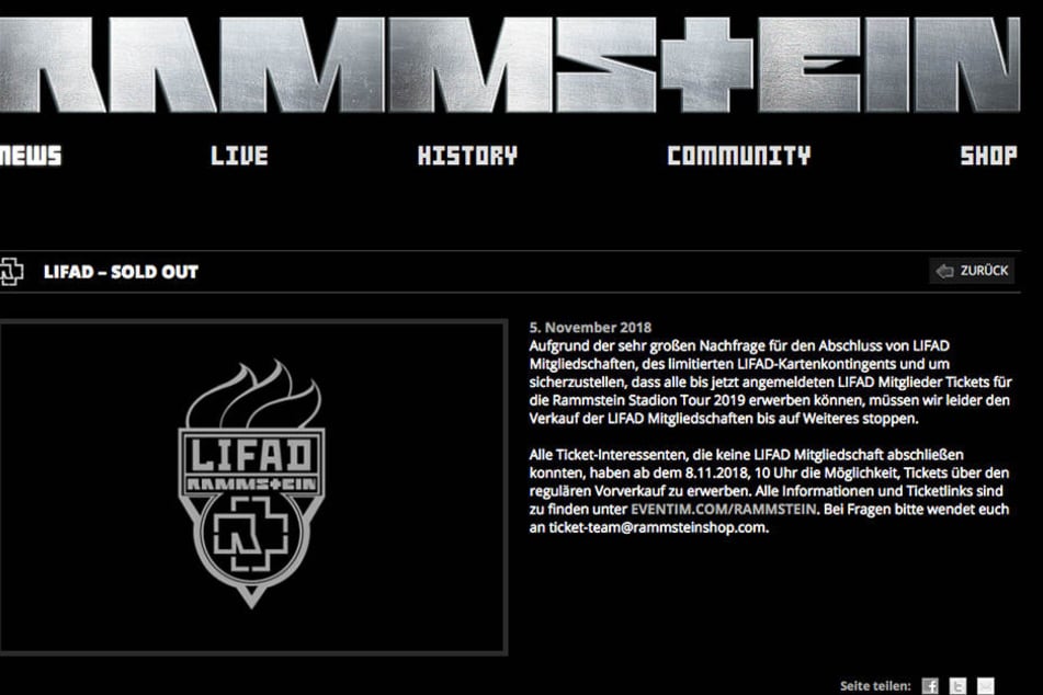 Auf der Homepage erklärte Rammstein der Verkauf von "LIFAD"-Mitgliedschaften für vorerst beendet.
