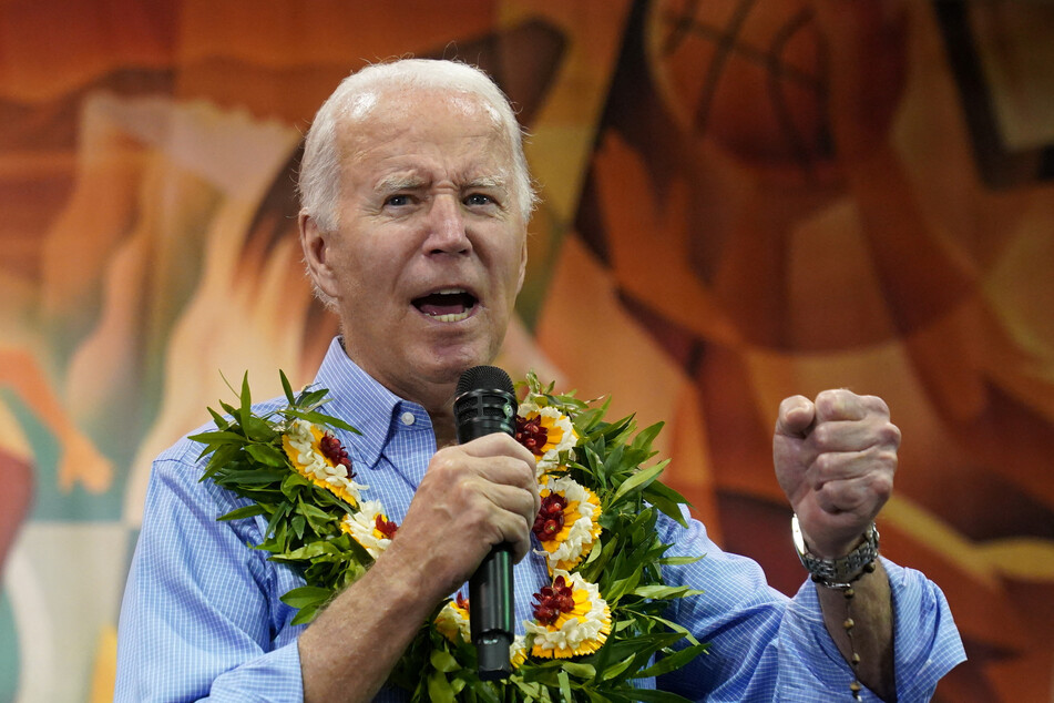 President Joe Biden speaks during a community event at the Lahaina Civic Center, in the fire-ravaged town of Lahaina on the island of Maui in Hawaii.