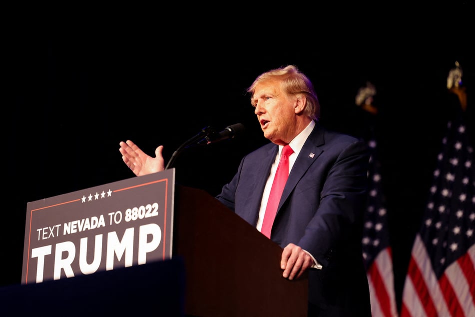 Former president and 2024 Republican hopeful Donald Trump speaks at a Nevada caucus night party at Treasure Island Resort &amp; Casino in Las Vegas, Nevada.