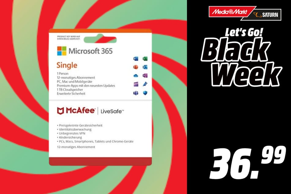 Microsoft 365 Single &amp; McAfee LiveSafe Bundle für 36,99 Euro.