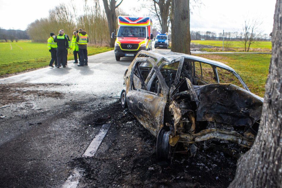 Der Wagen krachte gegen einen Baum und ging in Flammen auf.
