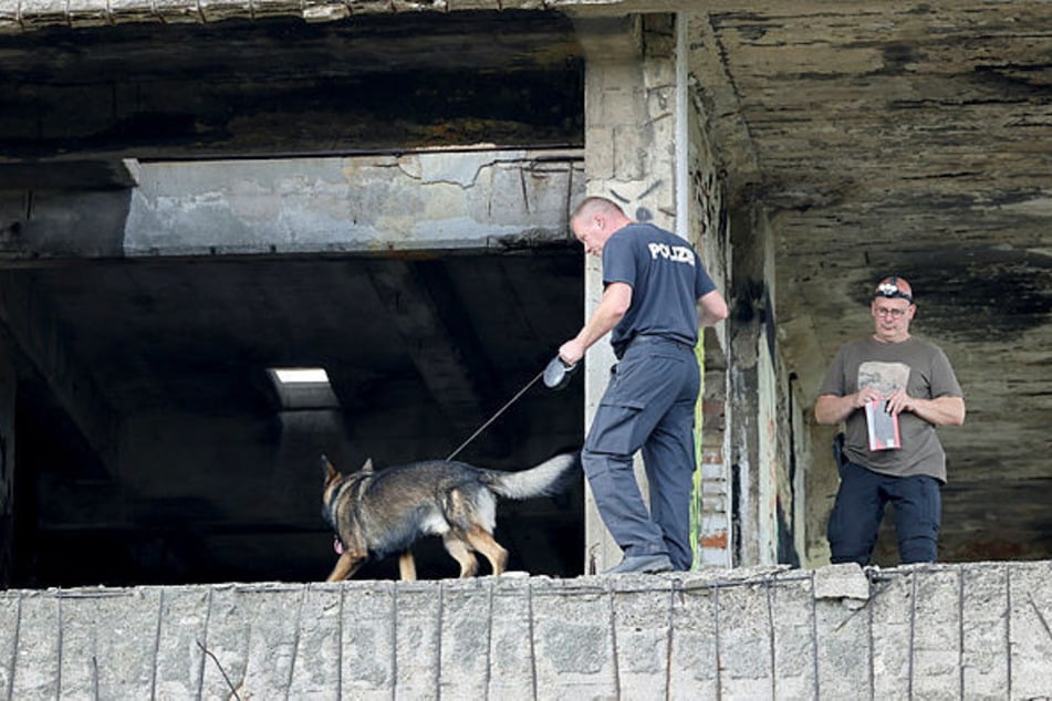 Mit einem Fährtenhund suchen Polizisten zudem die oberen Etagen des Speichergebäudes ab.