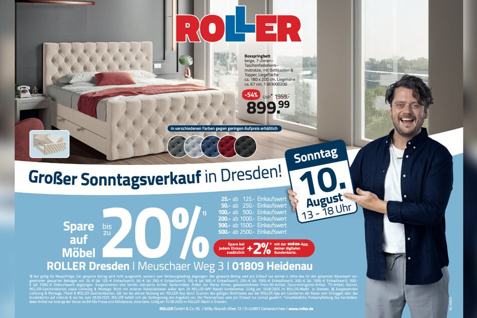 Zum verkaufsoffenen Sonntag (10.8.) bei ROLLER in Heidenau gibt's hochwertige Boxspringbetten satte 54 Prozent günstiger.