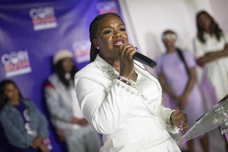 Congresswoman Cori Bush delivers her concession speech during a primary election watch party in St. Louis, Missouri.