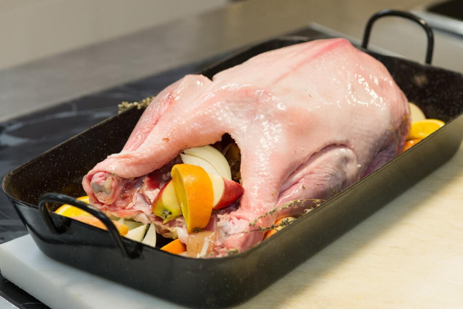 Lecker! Die Weihnachtsgans ist zubereitet und kann in den Ofen.