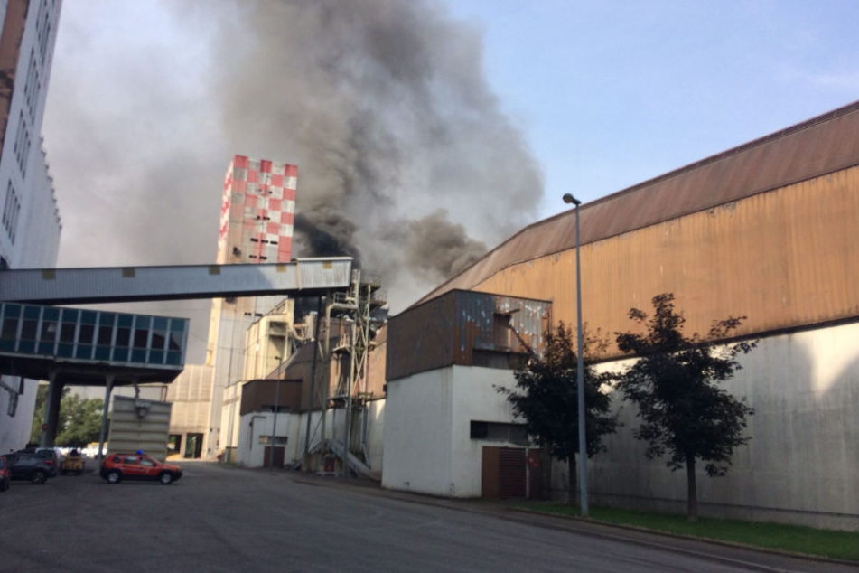 Dichter Qualm dirngt aus einem Silo am Rheinhafen. Am Morgen hatte sich in dem Gebäude eine Explosion ereignet.