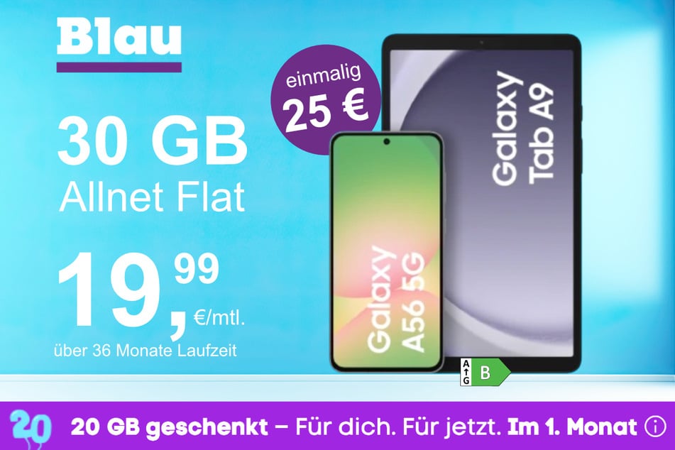 Das Samsung Galaxy A56 + Tab A9 im Blau Allnet L für einmalig 25 Euro.