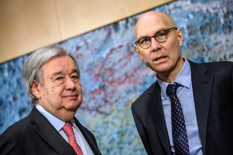 UN Secretary-General Antonio Guterres (l.) and High Commissioner for Human Rights Volker Turk (r.) are pictured during the opening of the 61st session of the UN Human Rights Council in Geneva on February 23, 2026.
