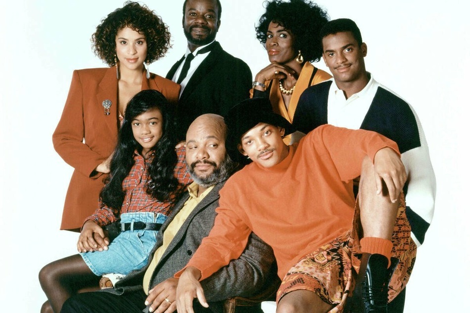 The cast of The Fresh Prince of Bel-Air (from l. to r., front): Tatyana Ali, James Avery, Will Smith. (Back): Karyn Parsons, Joseph Marcell, Janet Hubert, Alfonso Ribeiro