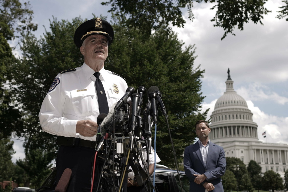 United States Capitol Police Chief Tom Manger held a briefing on Thursday after the surrender of Floyd Ray Roseberry, who may have placed a truck bomb between the Library of Congress and the US Capitol in Washington DC.