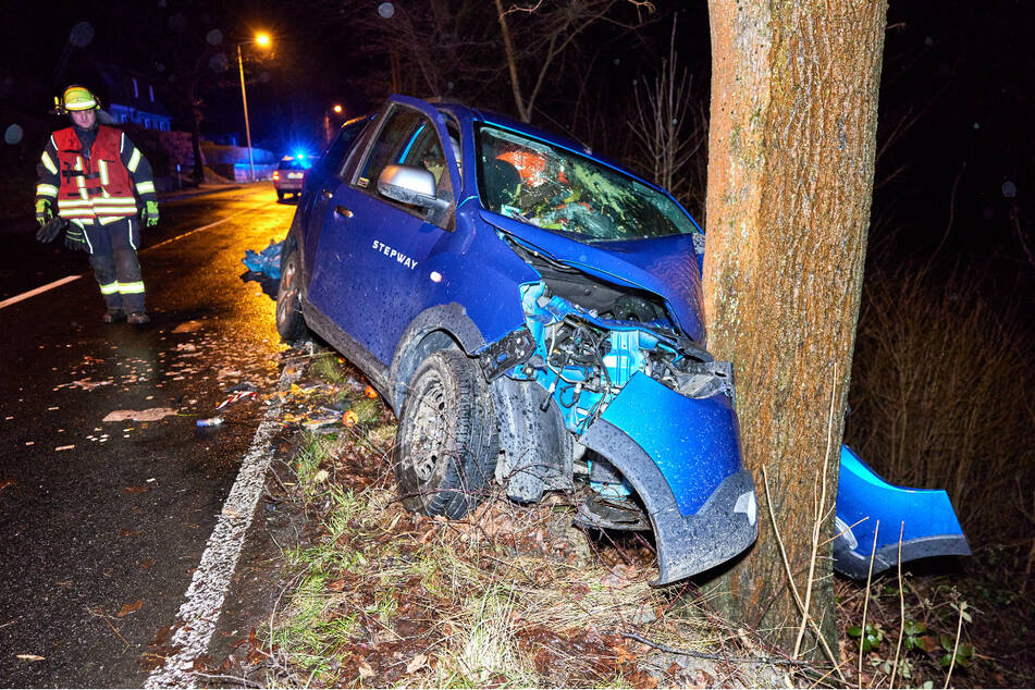 Auf der B172 in Bad Schandau prallte ein Dacia-Fahrer (52) frontal gegen einen Baum.