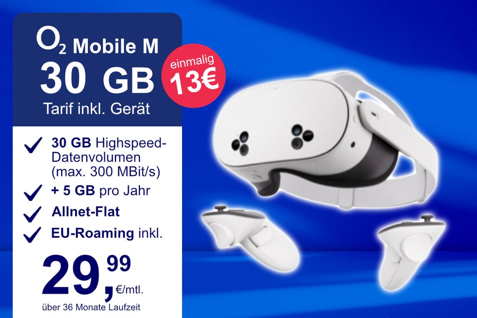 Die Meta Quest 3s im o2 Mobile M inkl. 30 GB+ für einmalig nur 13 Euro.