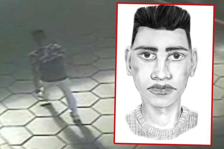 Suche mit Phantombild: Der Täter ist in einem Überwachungs-Video einer angrenzenden Tanktstelle zu sehen. (Bildmontage)