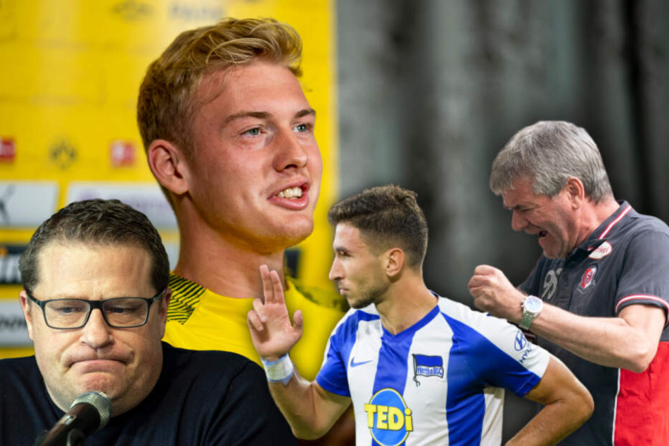 Max Eberl, Sportdirektor von Borussia Mönchengladbach, Dortmunds Julian Brandt, Herthas Marko Grujic und Düsseldorfs Trainer Friedhelm Funkel gratulierten dem FC Bayern zu Coutinho. (Bildmontage)