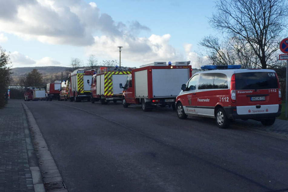 Mehrere Einsatzfahrzeuge der Feuerwehr stehen in der Nähe des Freizeitparks.