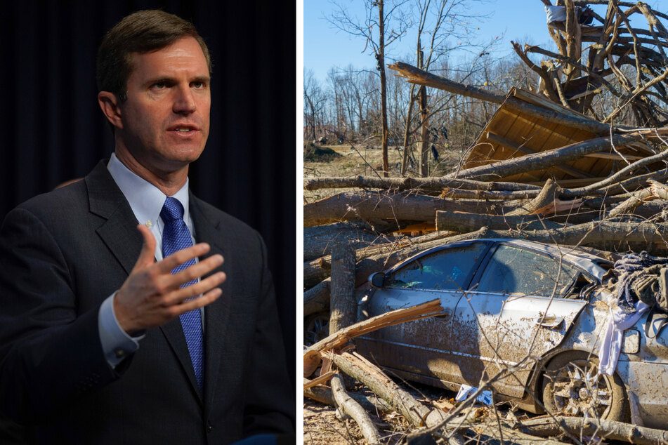 Kentucky Governor Andy Beshear (l.) detailed deaths and damage, including destroyed cars and homes, in the aftermath of tornadoes that touched down on Friday night.