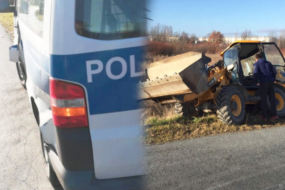 Der beschädigte Streifenwagen und der geklaute Radlader.