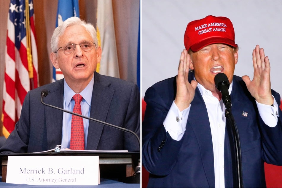 Donald Trump (r.) shared his reaction after a recent indictment from Merrick Garland (l.) claimed Russia has been funding far-right content creators in the US to help his election.