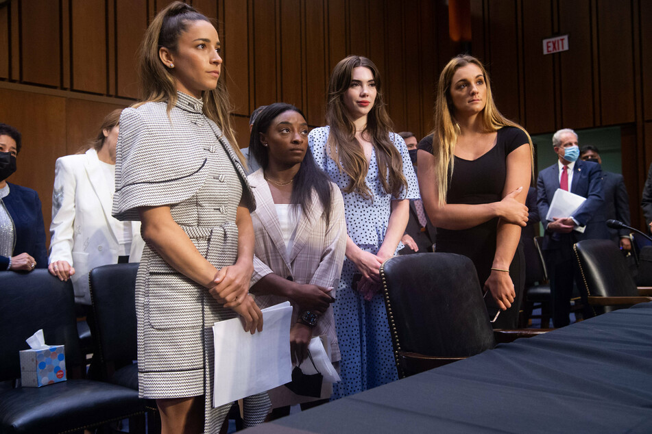 From l. to r.: US Olympic gymnasts Aly Raisman, Simone Biles, McKayla Maroney, and Maggie Nichols, during a Senate Judiciary hearing regarding the Nassar investigation.