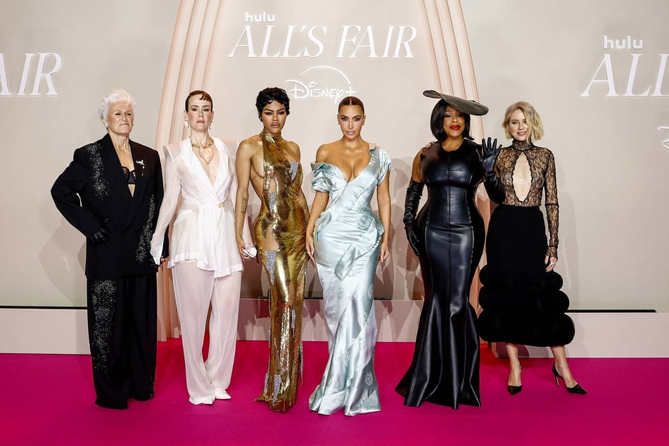 Glenn Close (l.) dished on Kim Kardashian's (center r.) "seriousness" despite not being a skilled actor on the set of All's Fair.