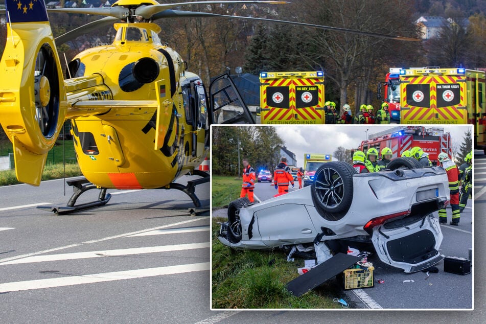 Schwerer Unfall im Erzgebirge: BMW überschlägt sich, Bundesstraße dicht