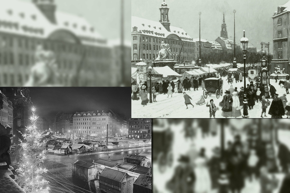 Um 1910 fand der Striezelmarkt, festgehalten in dieser Malerei, entlang des Goldenen Reiters statt (rechts). 1937 standen Striezelmarkt-Buden auf dem Neumarkt.