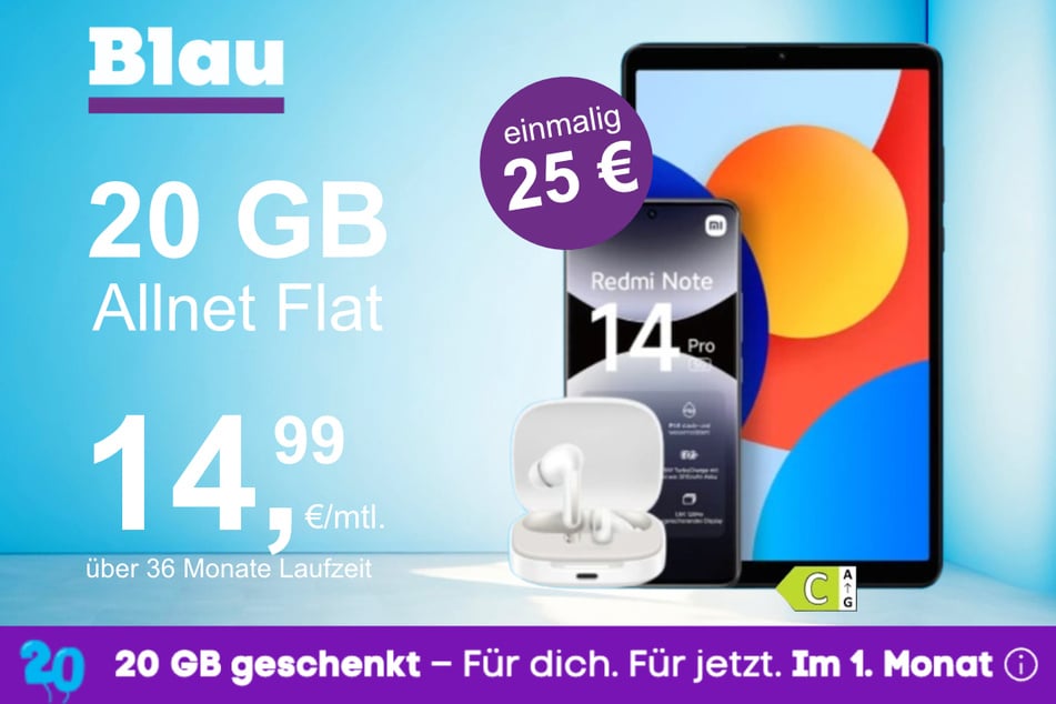 Das Xiaomi Redmi Note 14 Pro + Pad SE + Buds 6 im Blau Allnet M für einmalig 25 Euro.