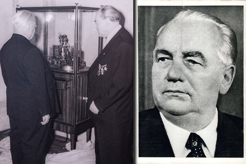 Am 3. Januar 1956 erhält der gebürtige Gubener und KPD-Mitbegründer Wilhelm Pieck von Ministerpräsident Otto Grotewohl (r. auf linkem Bild) die Kunstuhr. Von der Gründung der DDR bis zu seinem Tod war Wilhelm Pieck (r.) der erste und einzige Präsident der DDR.