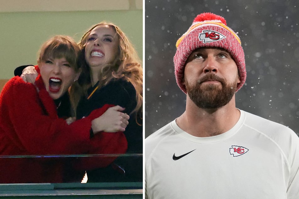 Taylor Swift (l) reportedly attended a holiday party with Travis Kelce in Kansas City before traveling to Green Bay for Sunday's Chiefs-Packers game.
