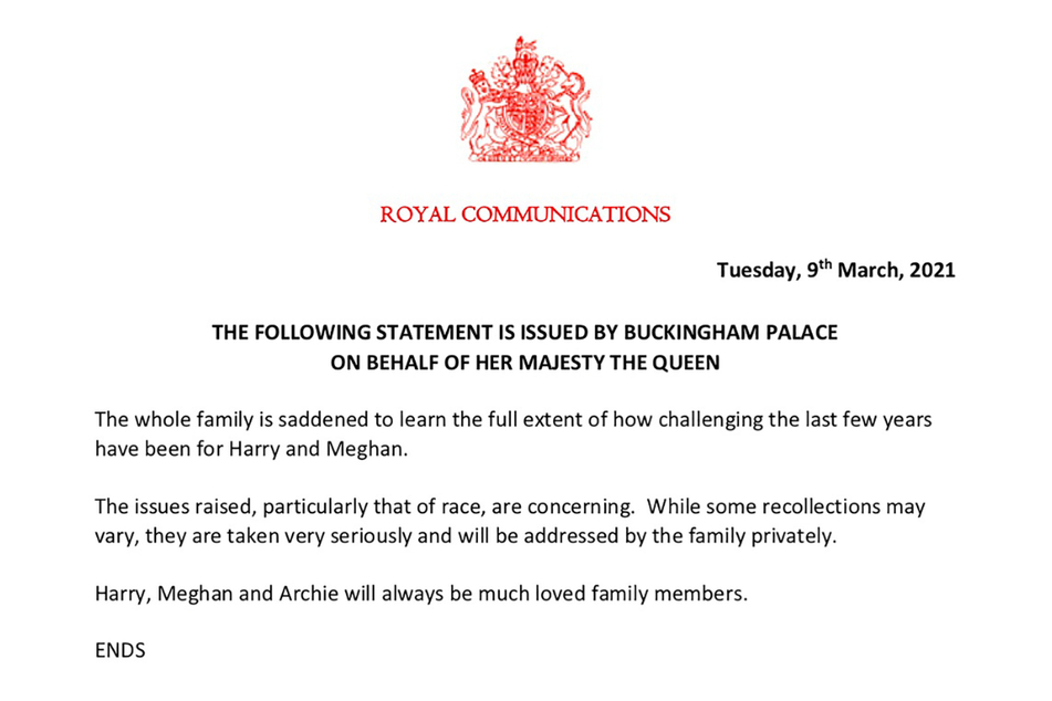 Das vom Buckingham Palace zur Verfügung gestellt Foto zeigt eine Erklärung, die im Namen der britischen Königin herausgegeben wurde. Die Erklärung ist der erste Kommentar des Palastes nach dem zweistündigen Interview.