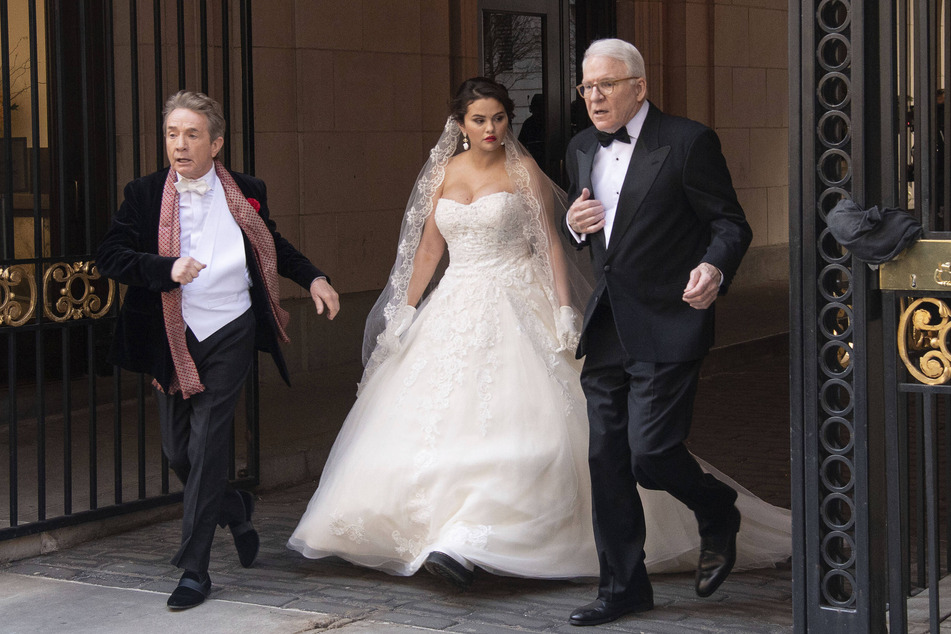 Selena Gomez (c.), Martin Short (l.), and Steve Martin must stop another killer before the curtains drop in the third season of Only Murders in the Building.