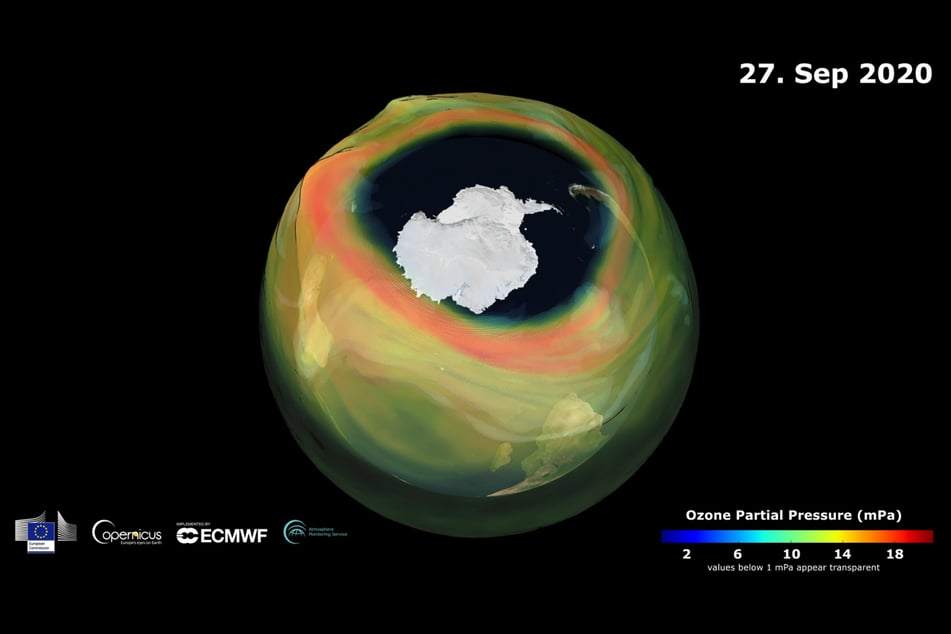 Graphic display of the ever-expanding ozone hole over the Antarctic on September 27, 2020.