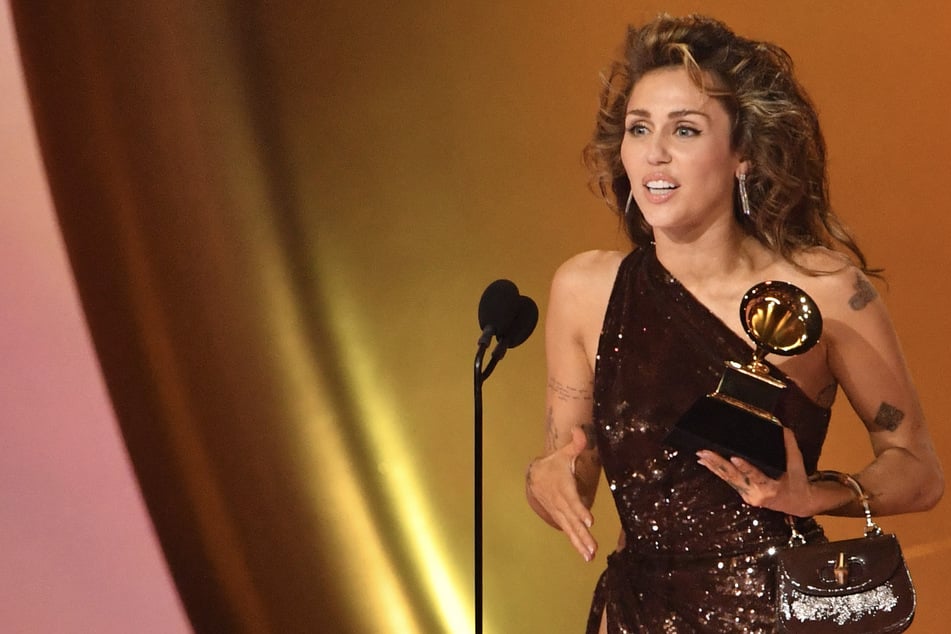 Miley Cyrus accepts the Record Of The Year award for Flowers on stage during the 66th Annual Grammy Awards at the Crypto.com Arena in Los Angeles on February 4, 2024.