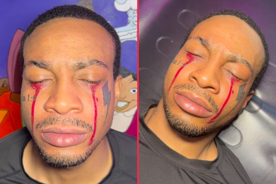 Body artist shocks with "crying blood" face tattoo