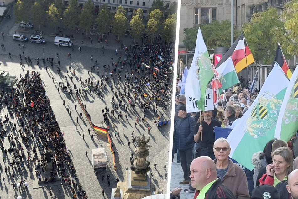 Der Blick aufs Demo-Geschehen am Neumarkt: Rechts die Pegida-Teilnehmer, links die Gegenprotestler.