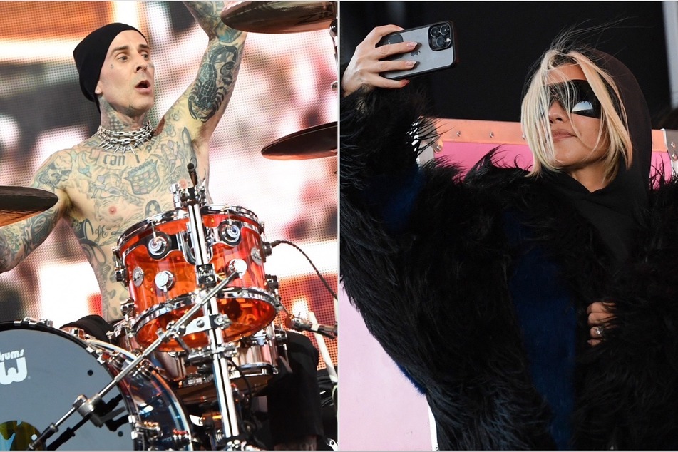 Kourtney Kardashian (r) was a proud wife when her husband, Travis Barker, performed with Blink-182 at Coachella over the weekend.