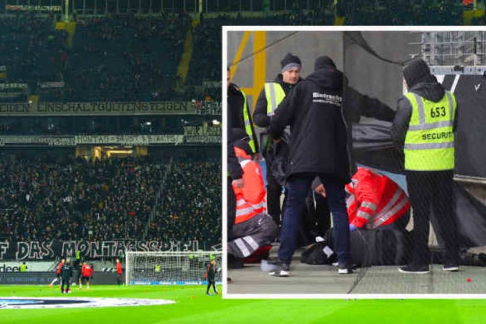 Während es dem gegen Leipzig vom Zaun gestürzten Fan besser geht, läuft die Eintracht zu Ehren des verstorbenen Anhängers mit Trauerflor auf.