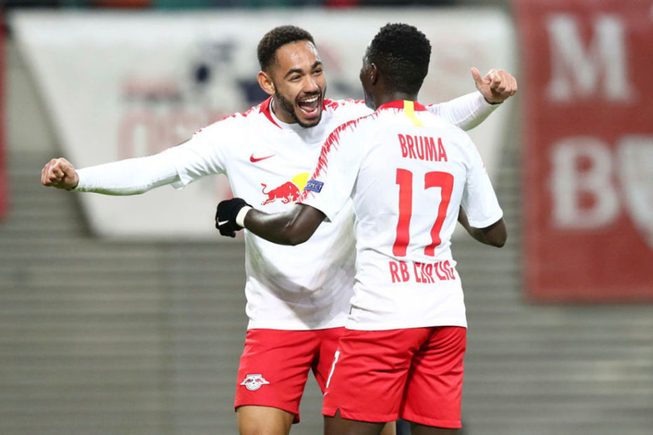 RB Leipzig zeigte eine souveräne und bei Großchancen abgezockte Leistung gegen den 49-maligen schottischen Meister. Im Bild die beiden Torschützen Matheus Cunha (l.) und Bruma.