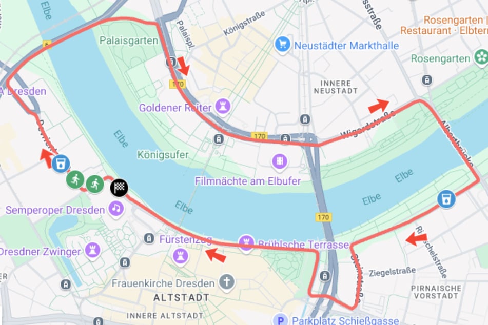 Aufgrund der eingestürzten Carolabrücke rennen die Läufer erstmals auch auf der anderen Elbseite.