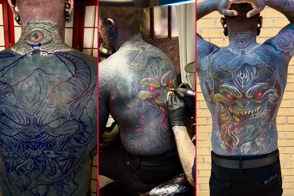 Ink addict dad covers back in massive demonic Santa