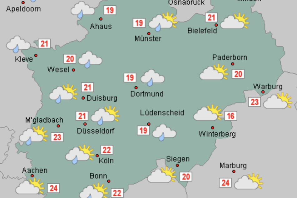 Die Temperaturen am heutigen Mittwoch liegen in Nordrhein-Westfalen bei maximal 24 Grad.