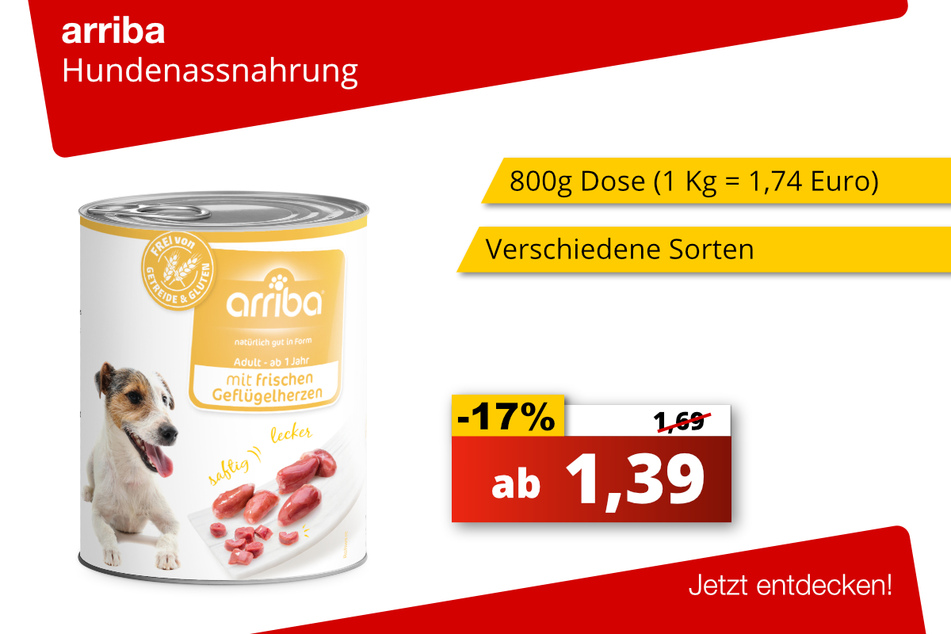 arriba Hundenassnahrung z.B. Geflügelherzen je 1,39 Euro (17 Prozent gespart)