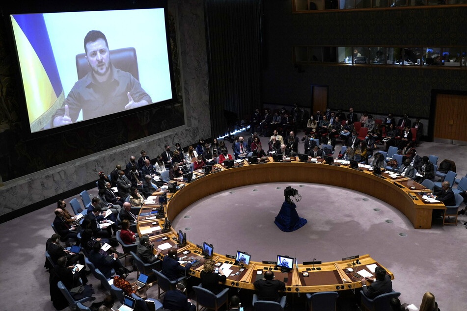 Zelensky speaks via a remote link during a UN Security Council meeting.