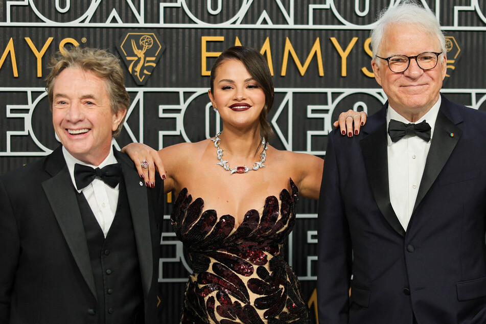 Selena Gomez (c.) was sent a sweet surprise by her Only Murders in Building co-stars Martin Short (l.) and Steve Martin in honor of their return to filming.