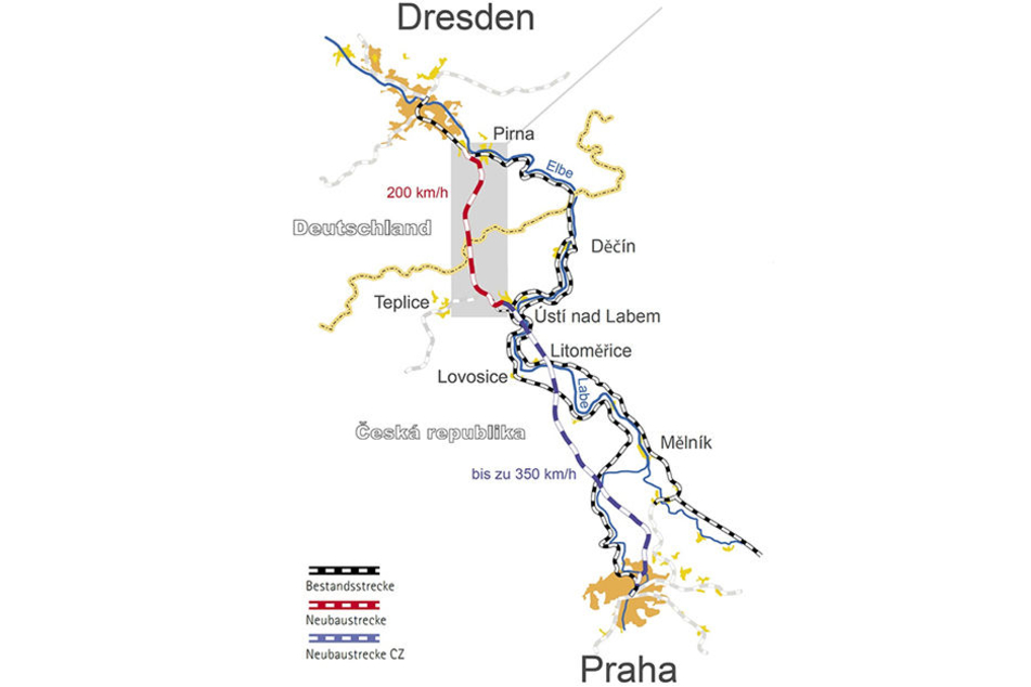 Alt und neu:
Bislang tangiert
die Strecke auf
deutschem Gebiet
hinter Pirna (oben
rechts) das Elbtal.
Zehntausende
Anwohner leiden
unter dem Lärm.
Die neue Strecke
(rot) verläuft weiter
westlich.