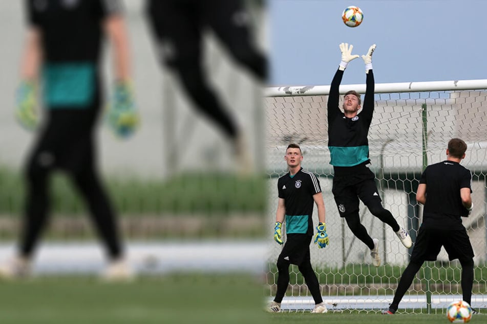 Florian Müller (Mitte) fängt einen Ball weg. Die Torwart-Kollegen Schubert (links) und Nübel schauen zu.