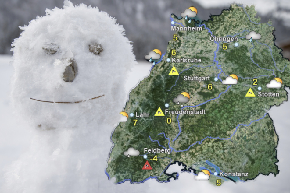 Am Montag soll in Baden-Württemberg in höheren Lagen Schnee fallen, am Dienstag wohl auch in mittleren. (Fotomontage)