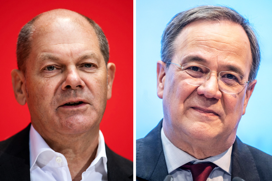 SPD-Kanzlerkandidat Olaf Scholz (63, l.) und CDU-Spitzenkandidat Armin Laschet (60) wurden am Mittwochabend zeitgleich im TV attackiert. Drei junge Frauen sollen auf ihre Auftritte vorbereitet worden sein.
