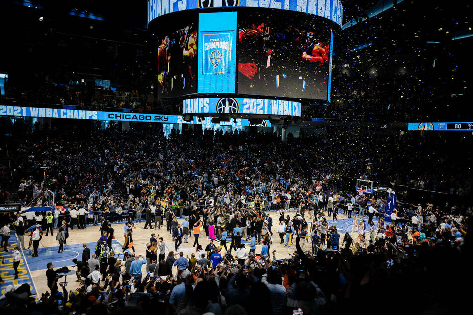 The scene at the Wintrust Arena after the Chicago Sky won the 2021 WNBA title.