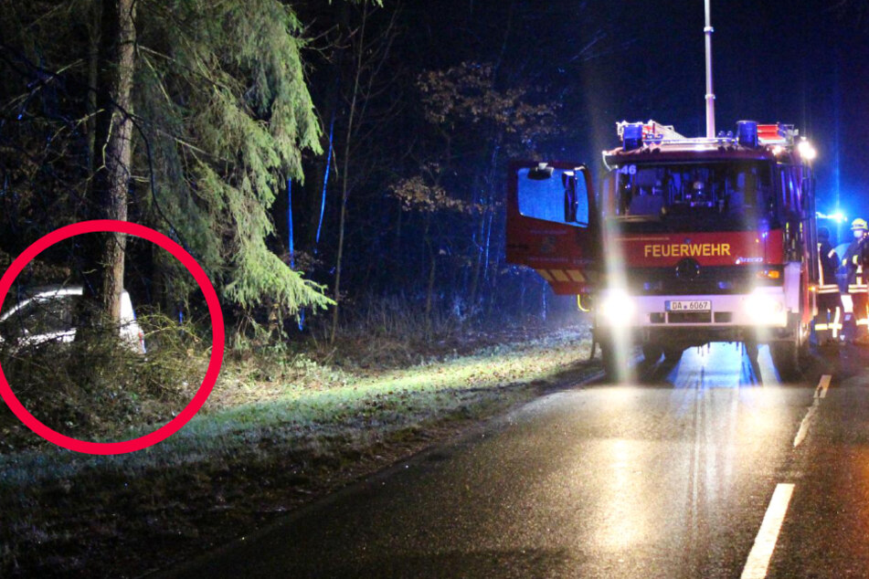 Unfall bei Babenhausen in Südhessen: Das Bild zeigt links ein Autowrack neben der Straße.